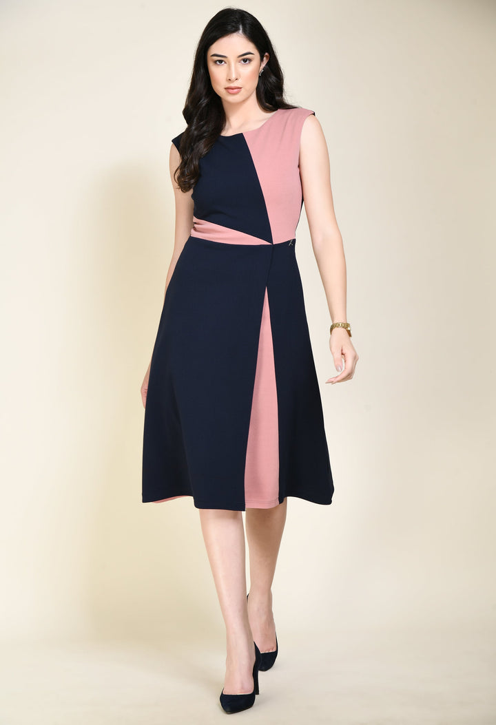 Navy-Blue-&-Pink-Cotton-Blend-Elegance-A-Line-Wrap-Dress