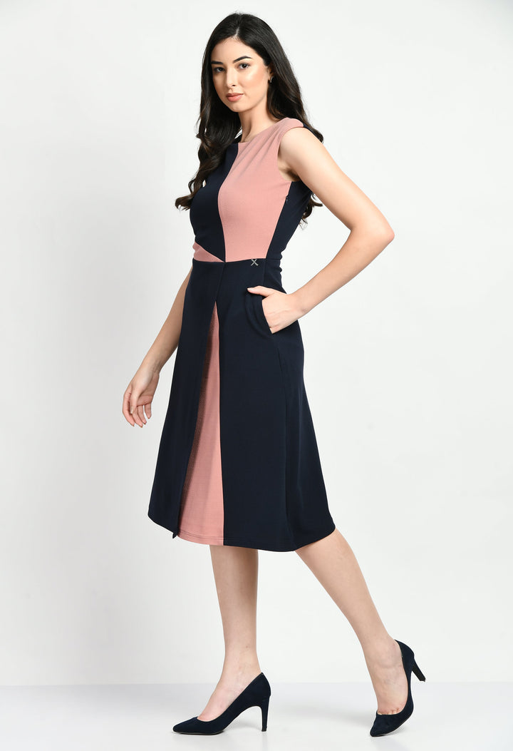 Navy-Blue-&-Pink-Cotton-Blend-Elegance-A-Line-Wrap-Dress