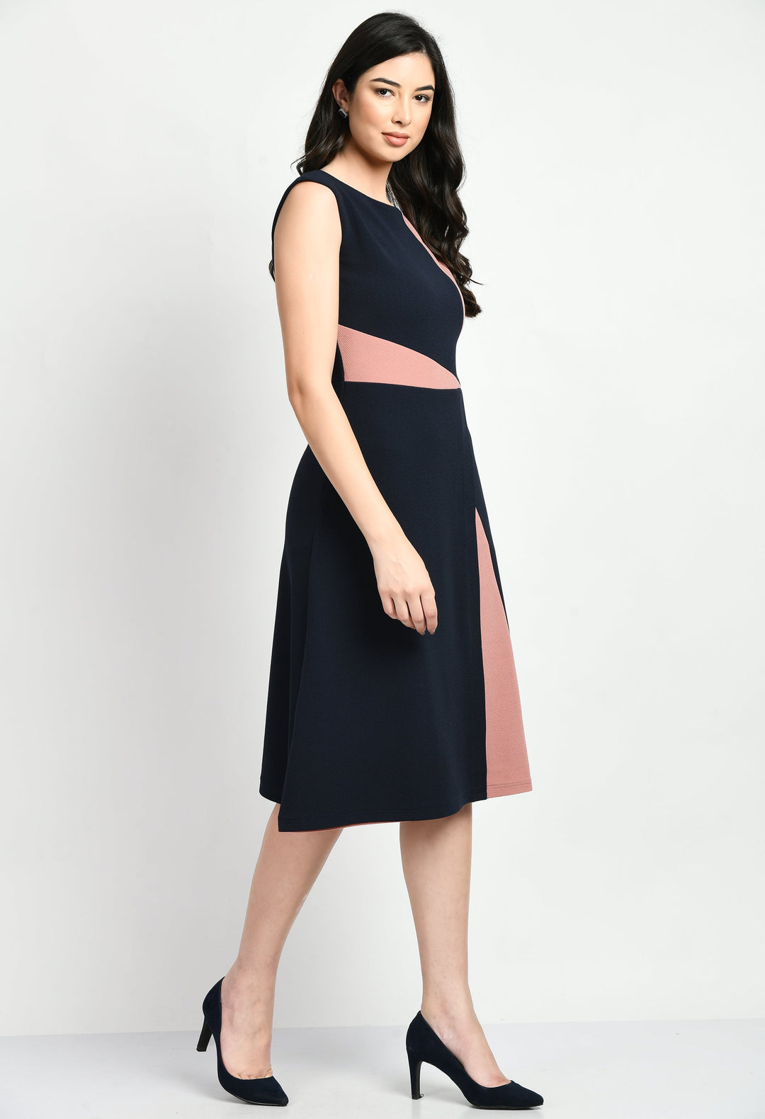 Navy-Blue-&-Pink-Cotton-Blend-Elegance-A-Line-Wrap-Dress