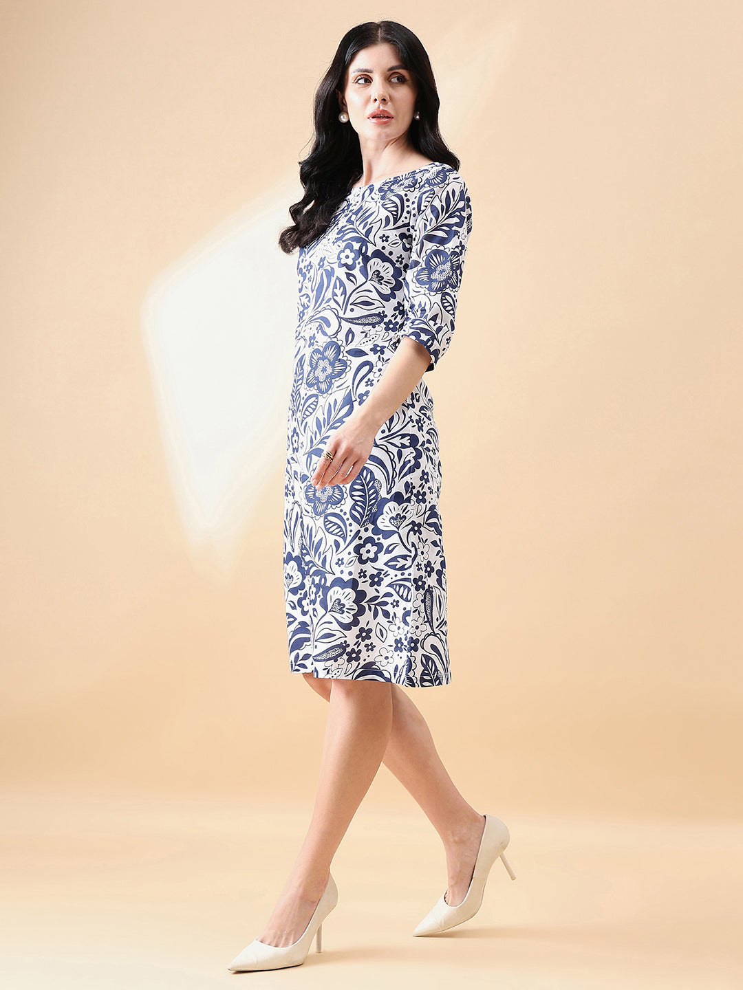Navy-Blue-&-White-Cotton-A-Line-Floral-Printed-Dress