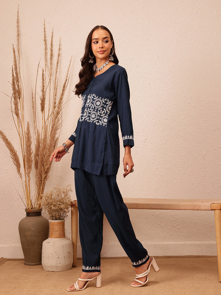 Navy-Blue-&-White-Cotton-Chikankari-2-Piece-Kurta-Set