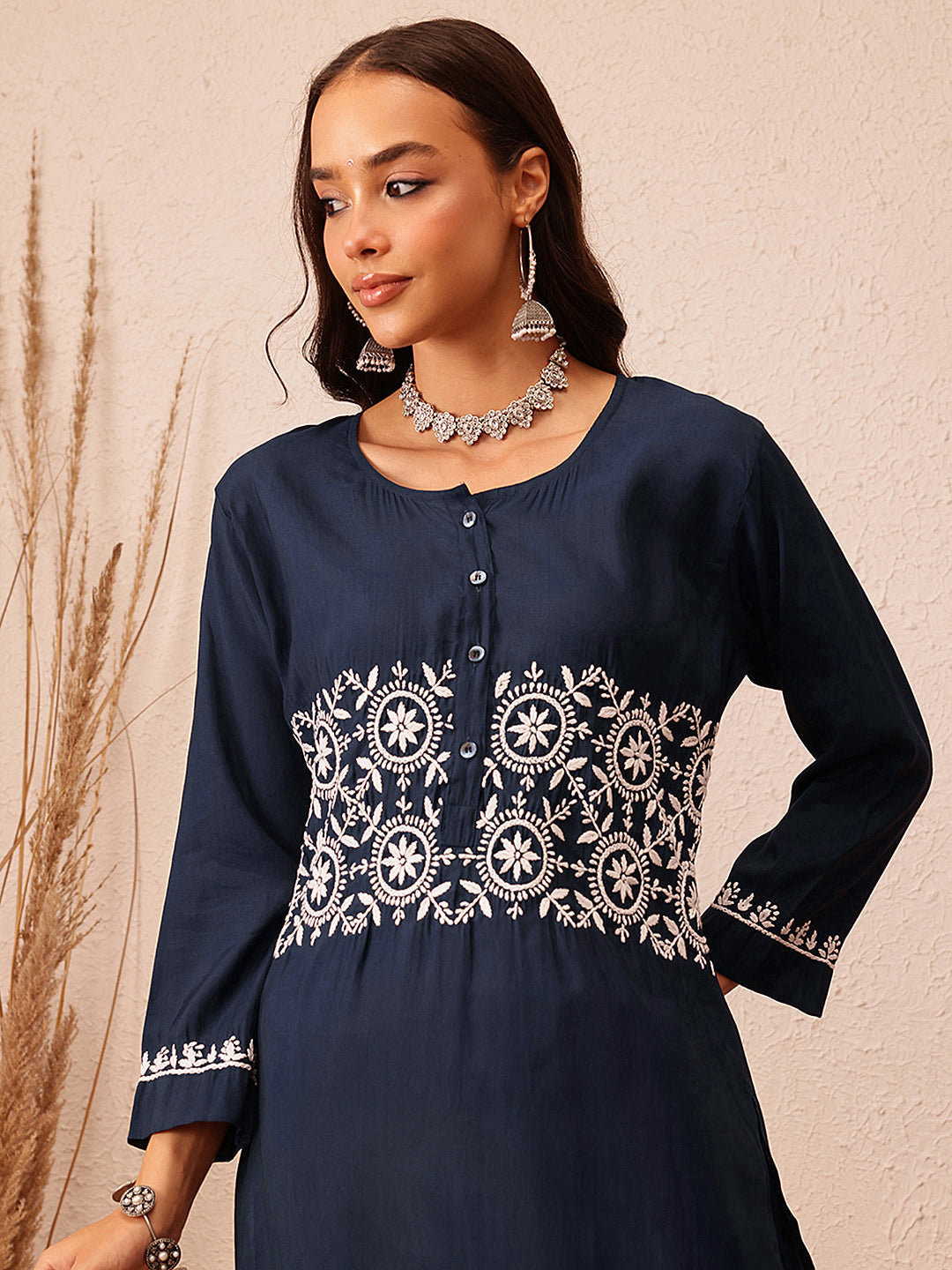 Navy-Blue-&-White-Cotton-Chikankari-2-Piece-Kurta-Set