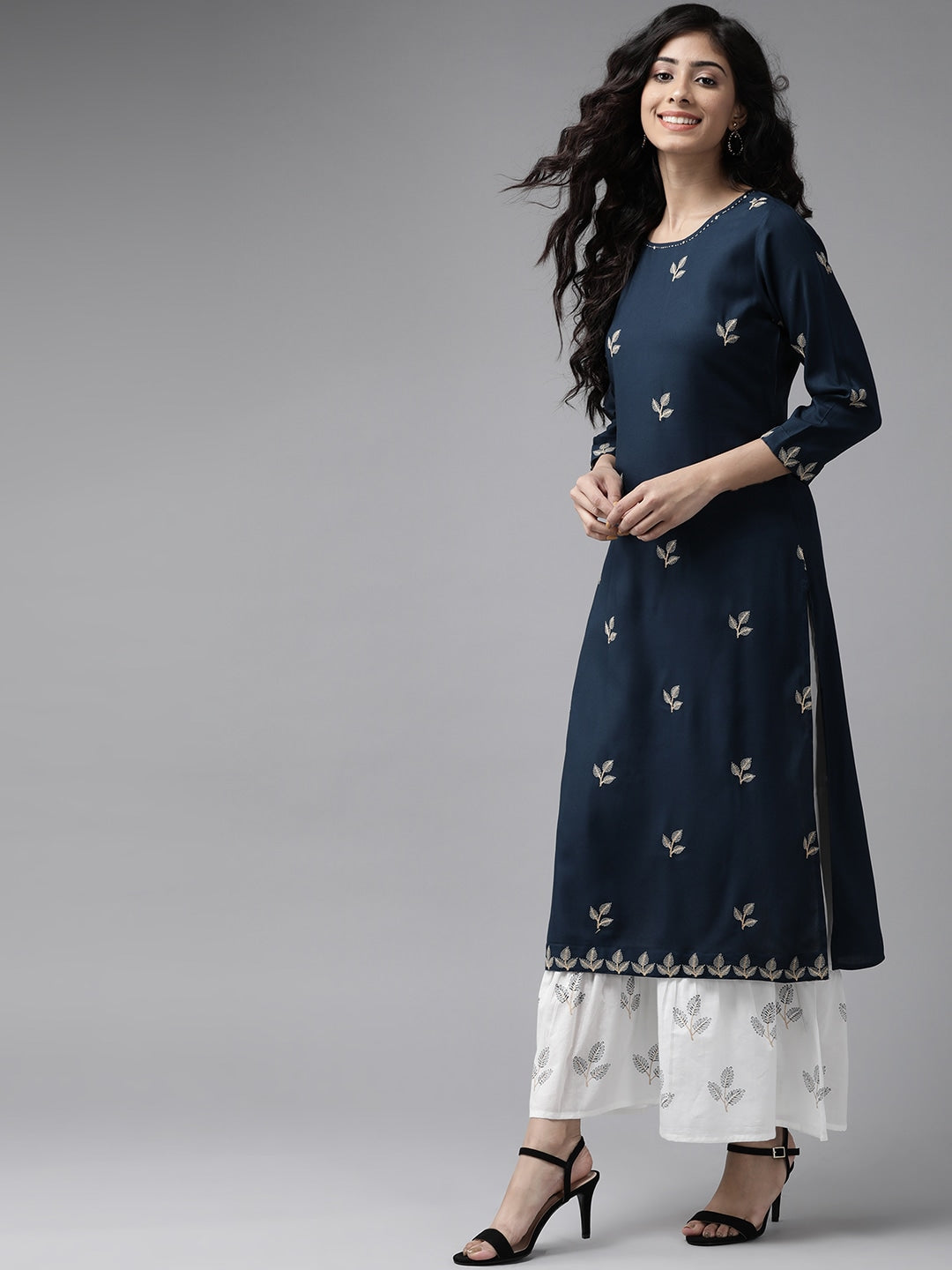 Navy-Blue-&-White-Solid-Embroidered-3-Piece-Kurta-Set