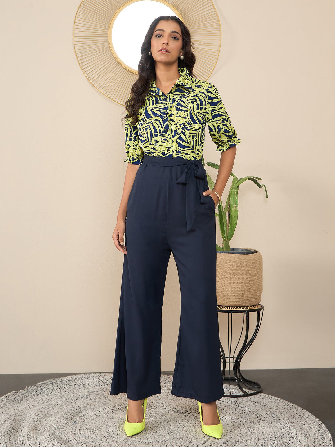 Navy-Blue-&-Yellow-Satin-&-Polyester-Printed-Jumpsuit