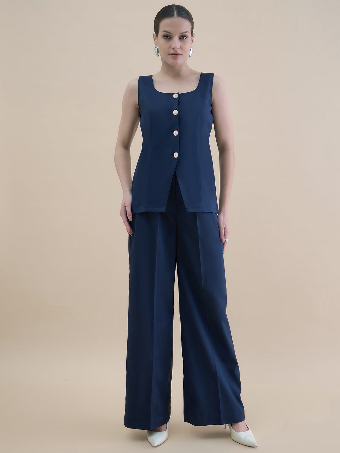 Navy-Blue-Cotton-Blend-U-Neck-Waistcoat-&-Straight-Fit-Co-Ord
