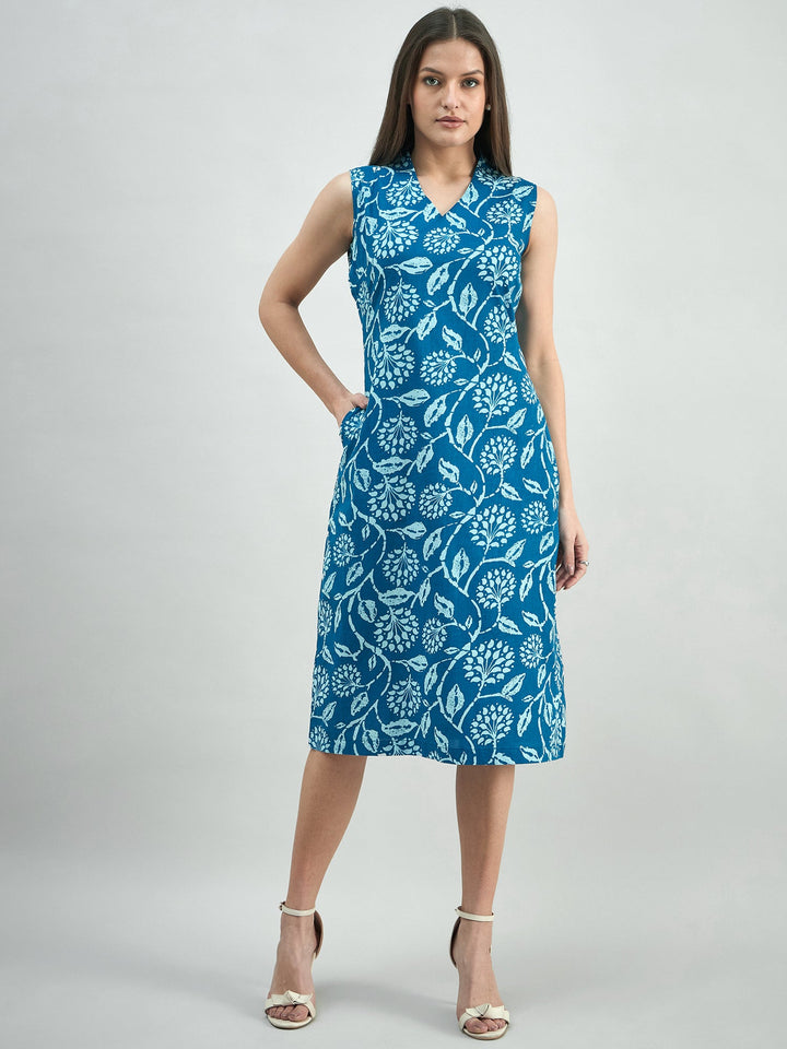 Navy-Blue-Cotton-Floral-Print-Relaxed-Fit-A-Line-Dress