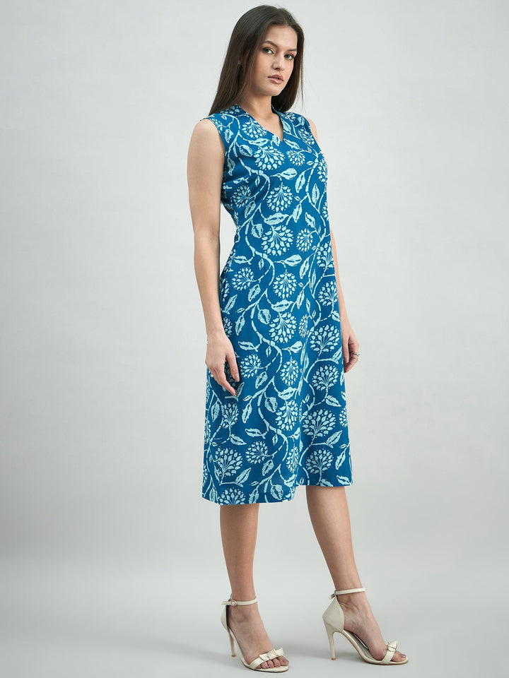 Navy-Blue-Cotton-Floral-Print-Relaxed-Fit-A-Line-Dress