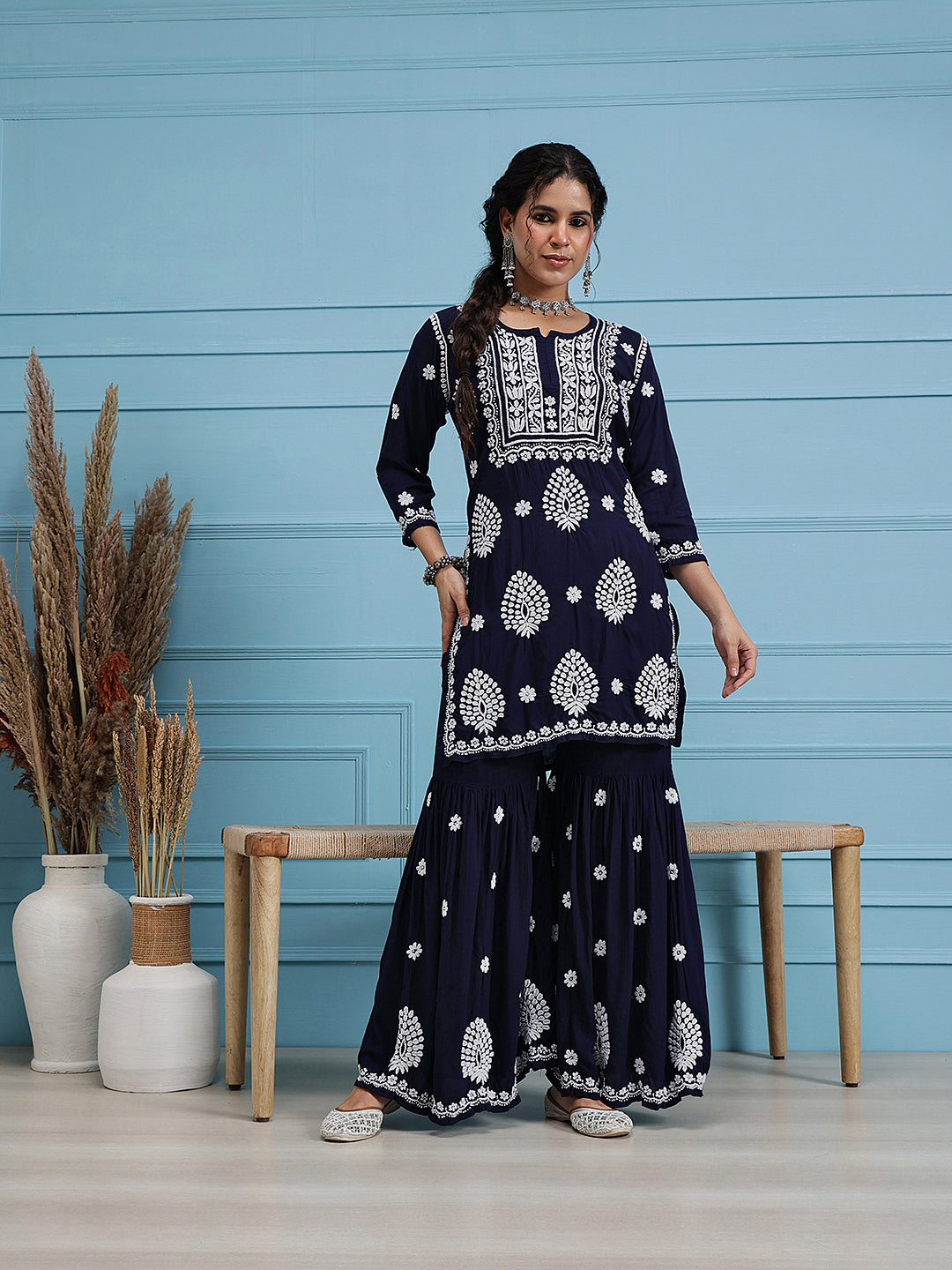 Navy-Blue-Modal-Lucknowi-Chikankari-Sharara-Set-(Set-Of-2)
