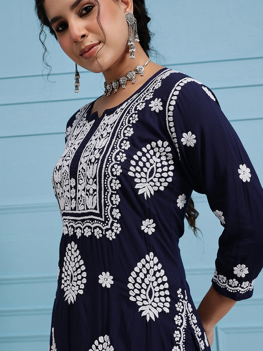 Navy-Blue-Modal-Lucknowi-Chikankari-Sharara-Set-(Set-Of-2)