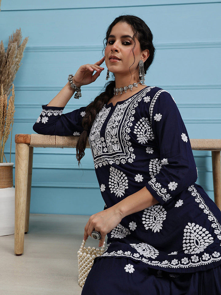 Navy-Blue-Modal-Lucknowi-Chikankari-Sharara-Set-(Set-Of-2)