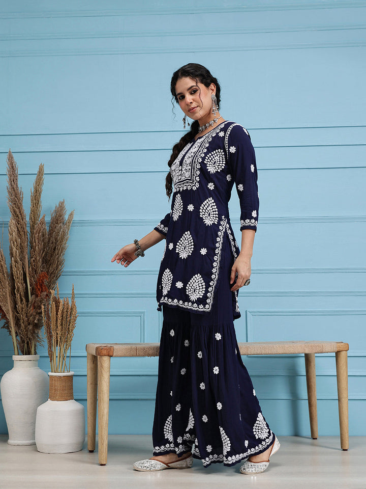 Navy-Blue-Modal-Lucknowi-Chikankari-Sharara-Set-(Set-Of-2)
