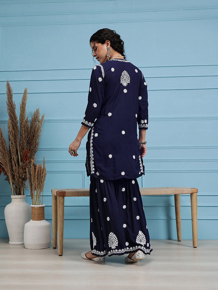Navy-Blue-Modal-Lucknowi-Chikankari-Sharara-Set-(Set-Of-2)