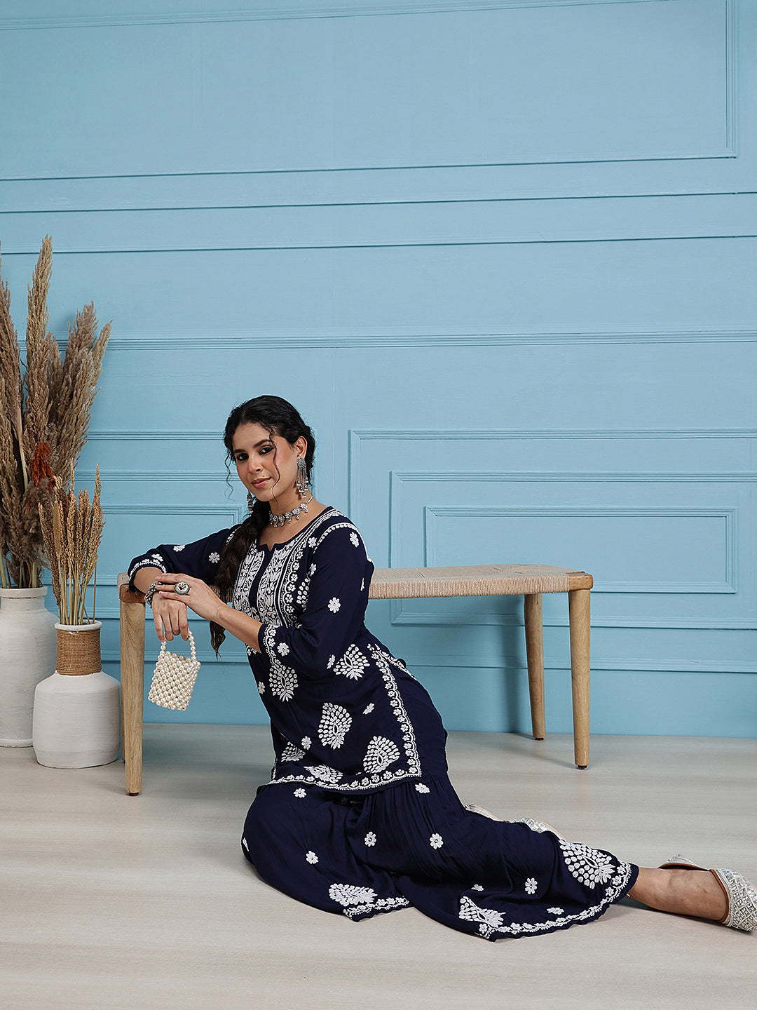 Navy-Blue-Modal-Lucknowi-Chikankari-Sharara-Set-(Set-Of-2)
