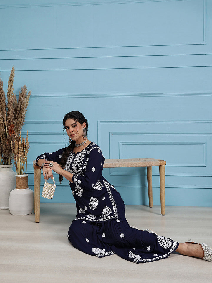 Navy-Blue-Modal-Lucknowi-Chikankari-Sharara-Set-(Set-Of-2)