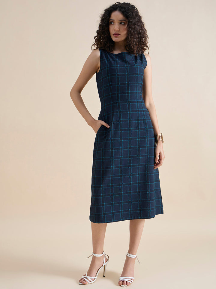 Navy-Blue-Polyester-A-Line-Checkered-Midi-Dress