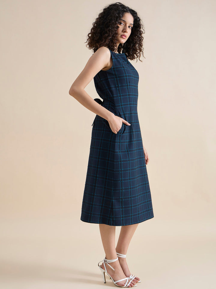 Navy-Blue-Polyester-A-Line-Checkered-Midi-Dress