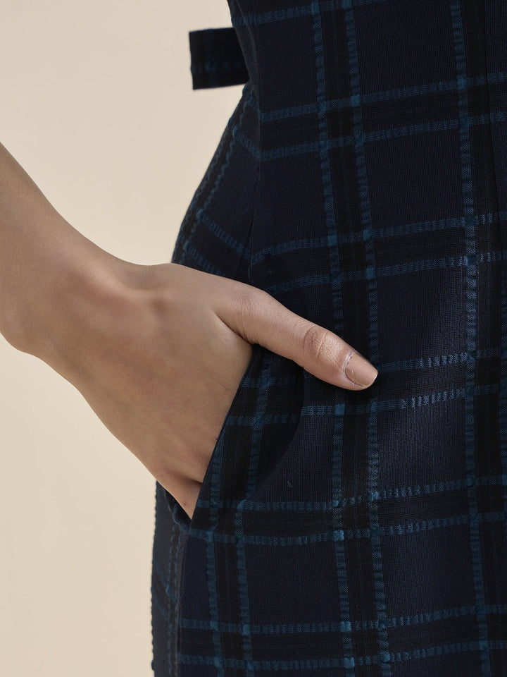 Navy-Blue-Polyester-A-Line-Checkered-Midi-Dress
