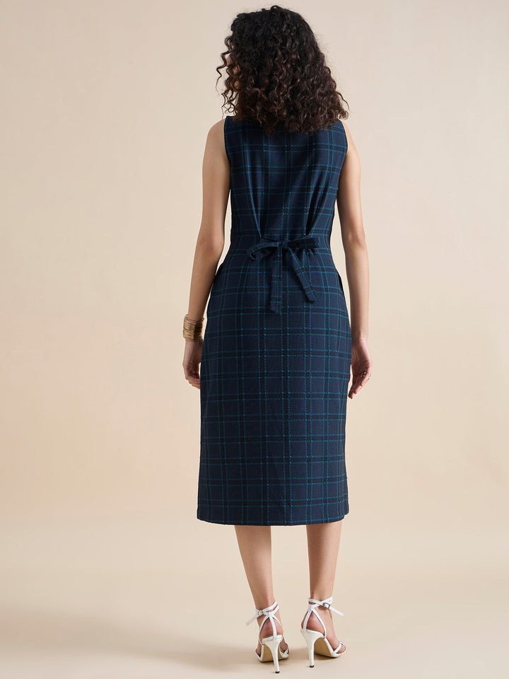 Navy-Blue-Polyester-A-Line-Checkered-Midi-Dress