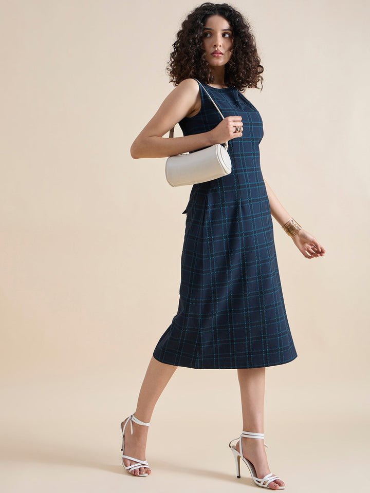 Navy-Blue-Polyester-A-Line-Checkered-Midi-Dress