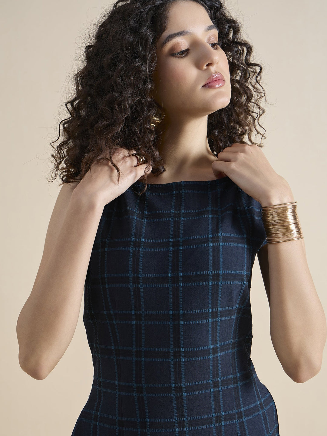 Navy-Blue-Polyester-A-Line-Checkered-Midi-Dress