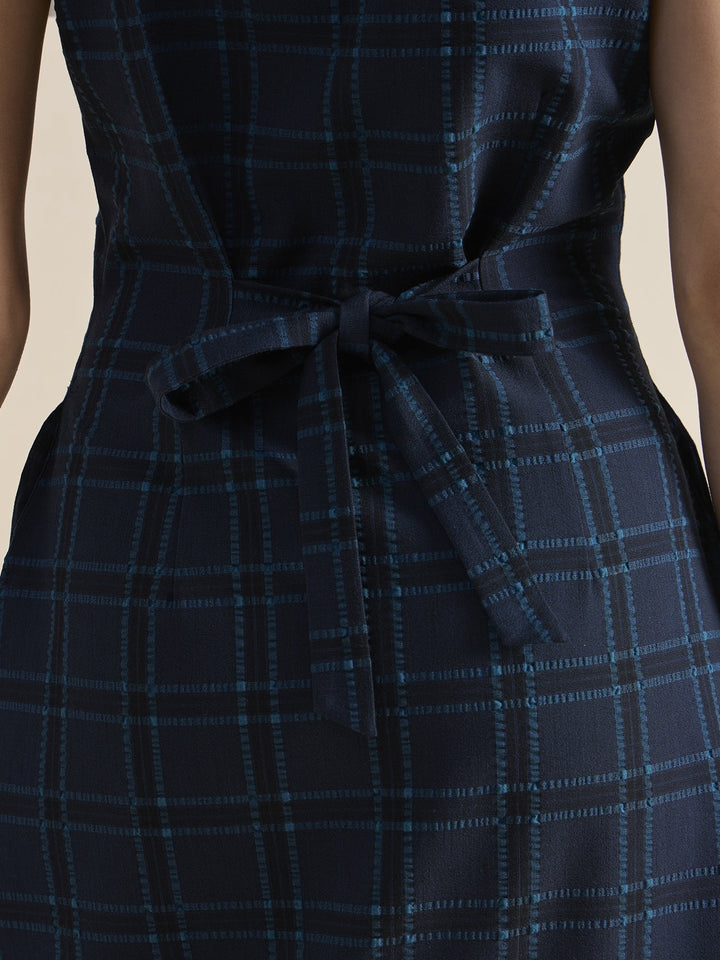 Navy-Blue-Polyester-A-Line-Checkered-Midi-Dress