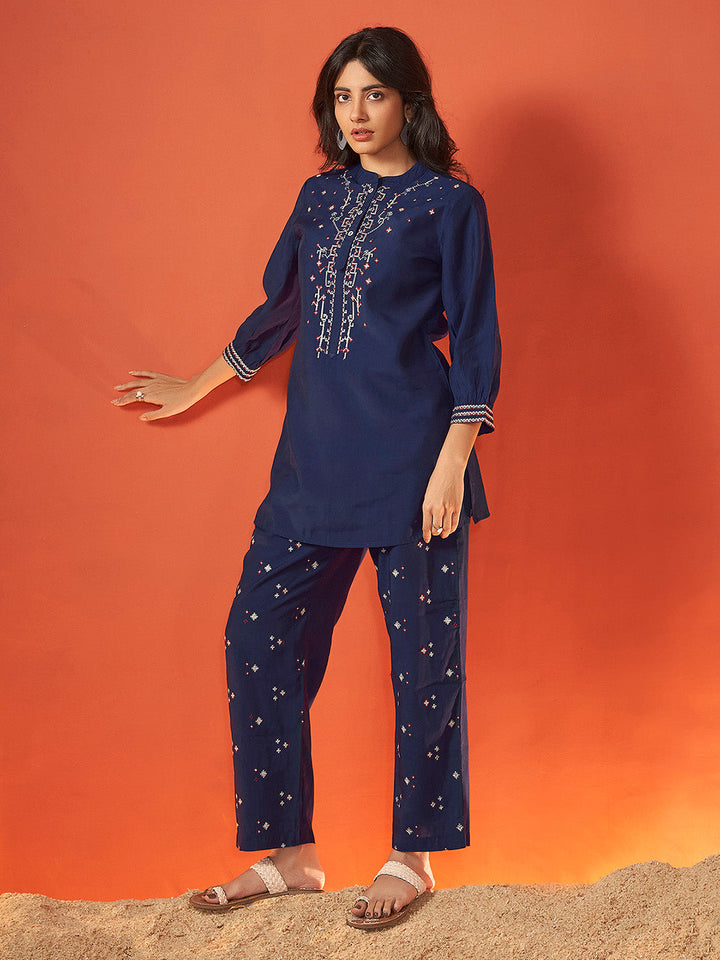 Navy Blue Viscose Embroidered Co-Ord Set