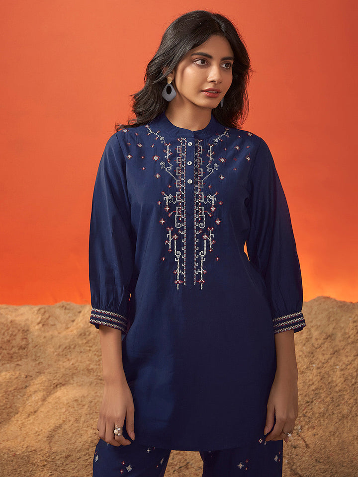Navy Blue Viscose Embroidered Co-Ord Set
