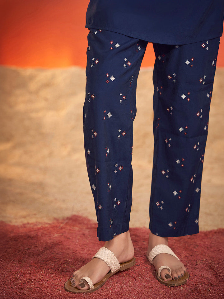 Navy Blue Viscose Embroidered Co-Ord Set