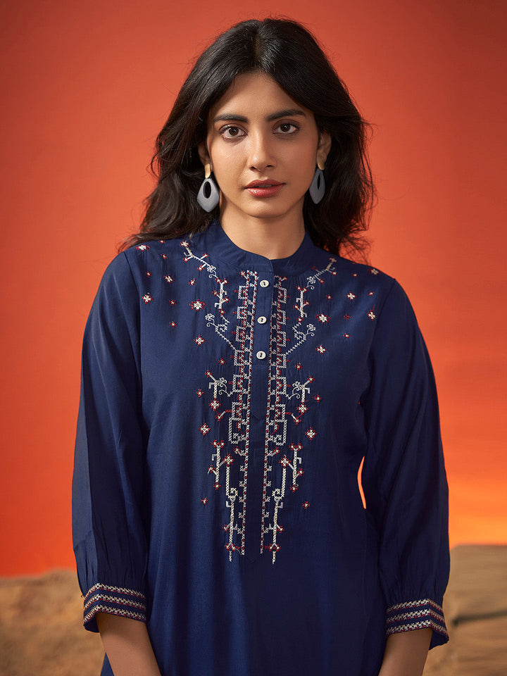 Navy Blue Viscose Embroidered Co-Ord Set