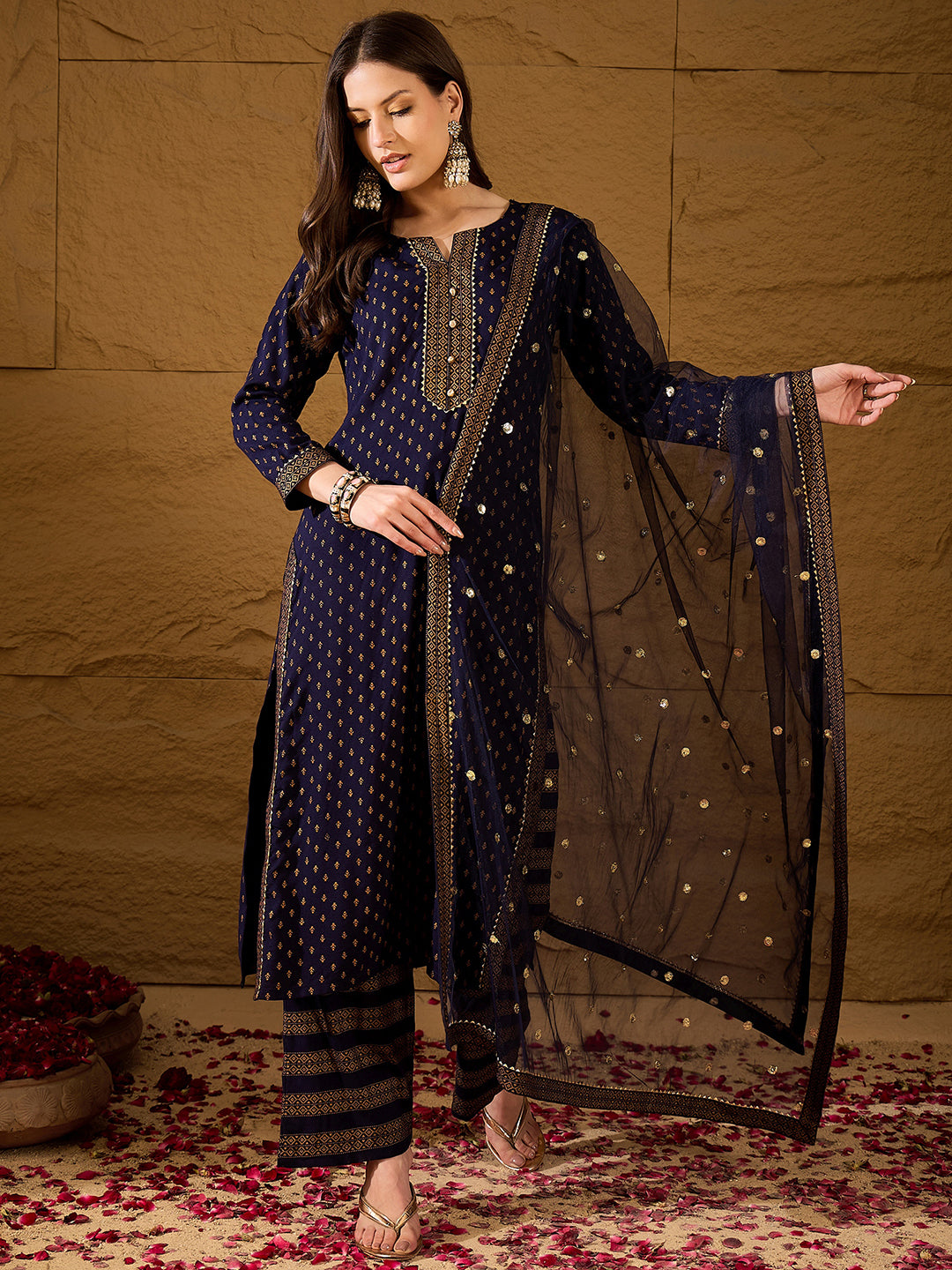 Navy-Blue-Viscose-Rayon-Motifs-Printed-3-Piece-Kurta-Set