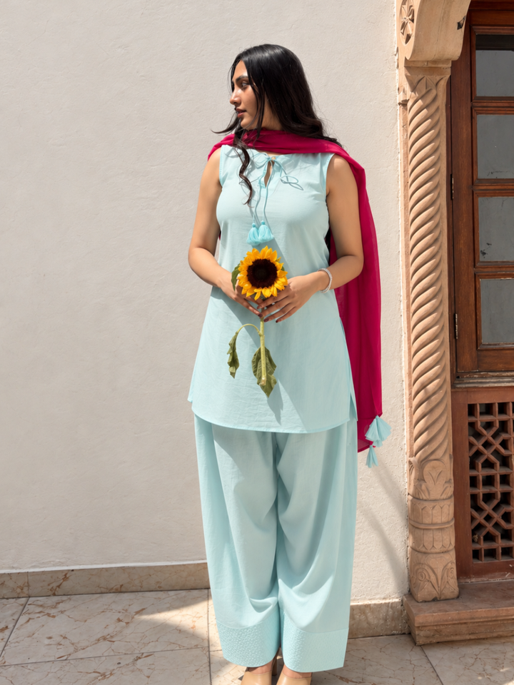 Blue Short Kurta &amp; Farshi Shalwar Set