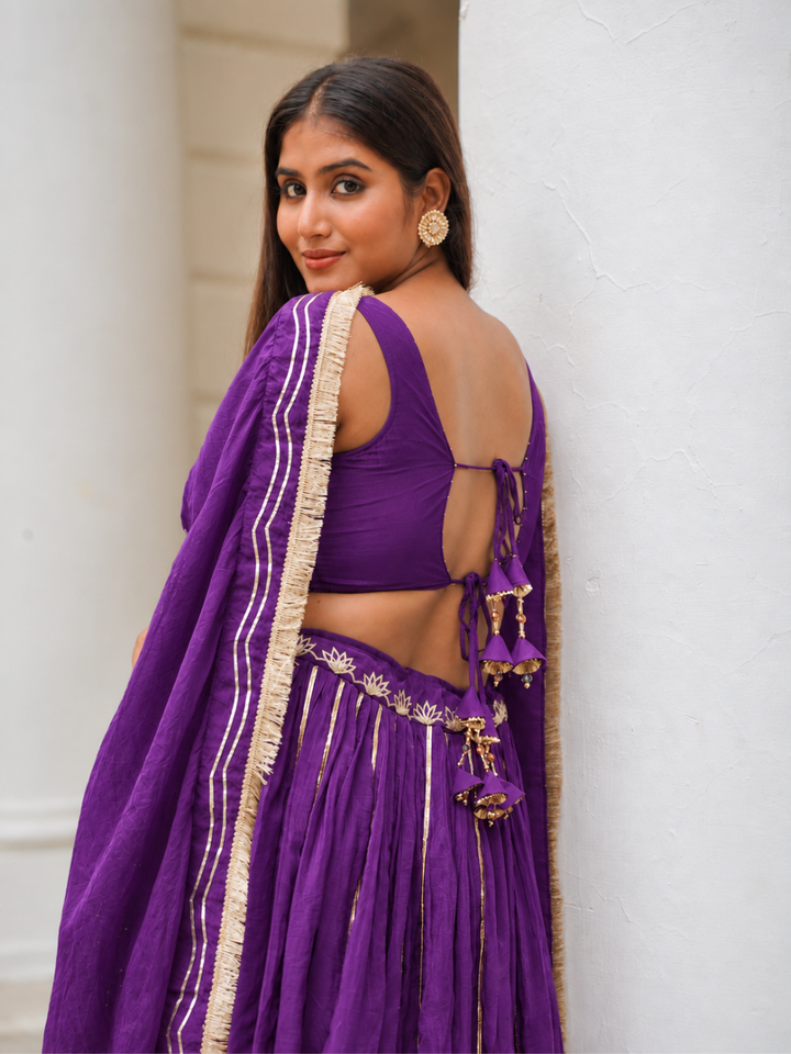 Purple Silk Sleeveless Lehenga Set