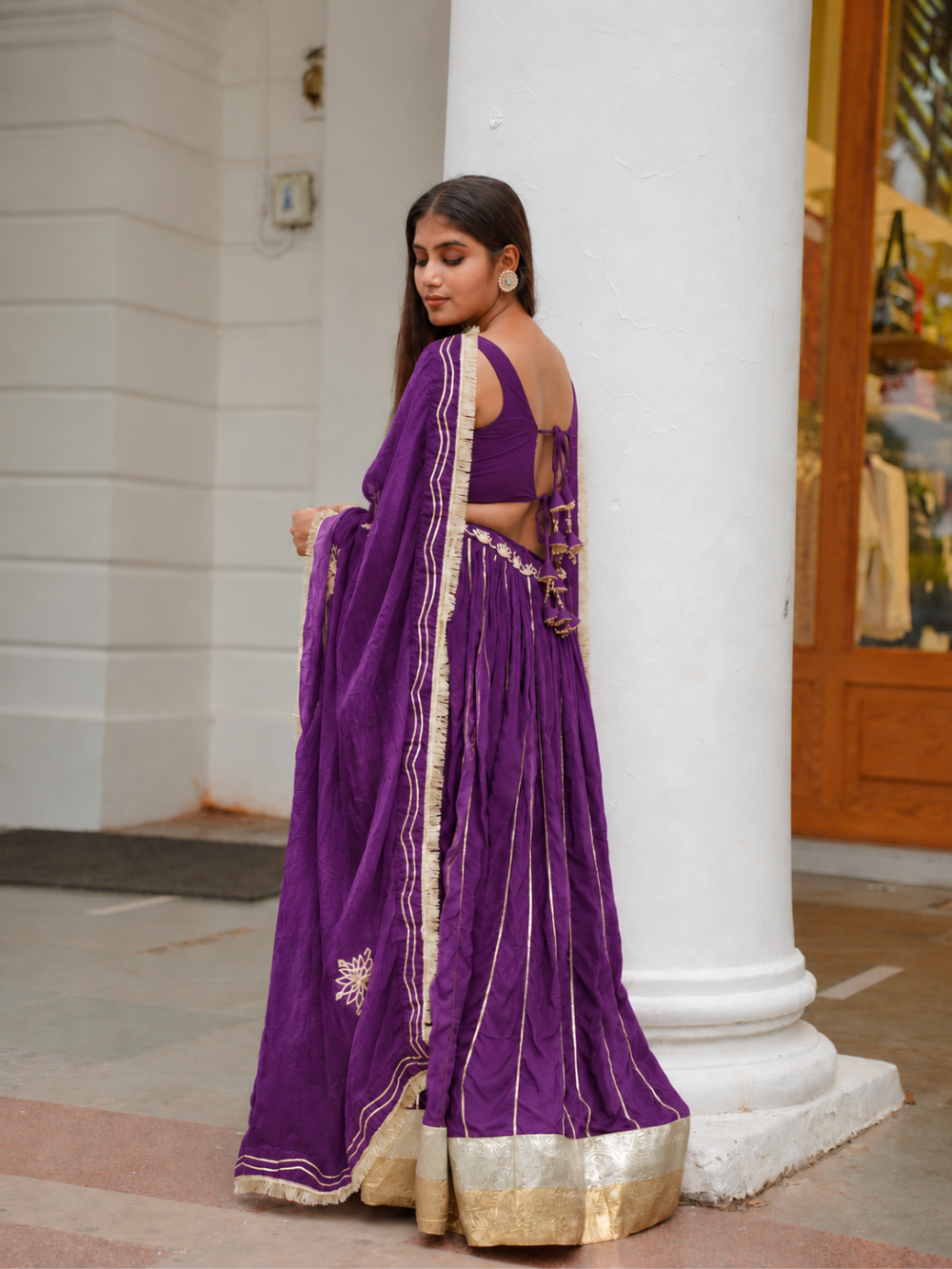 Purple Silk Sleeveless Lehenga Set