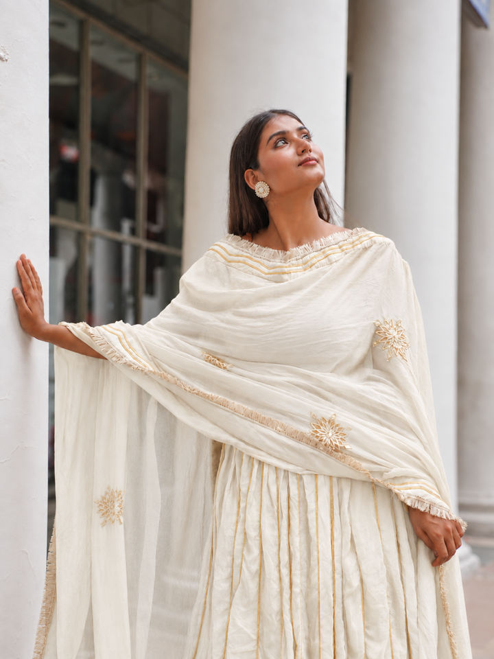 Off White Silk Sleeveless Lehenga Set