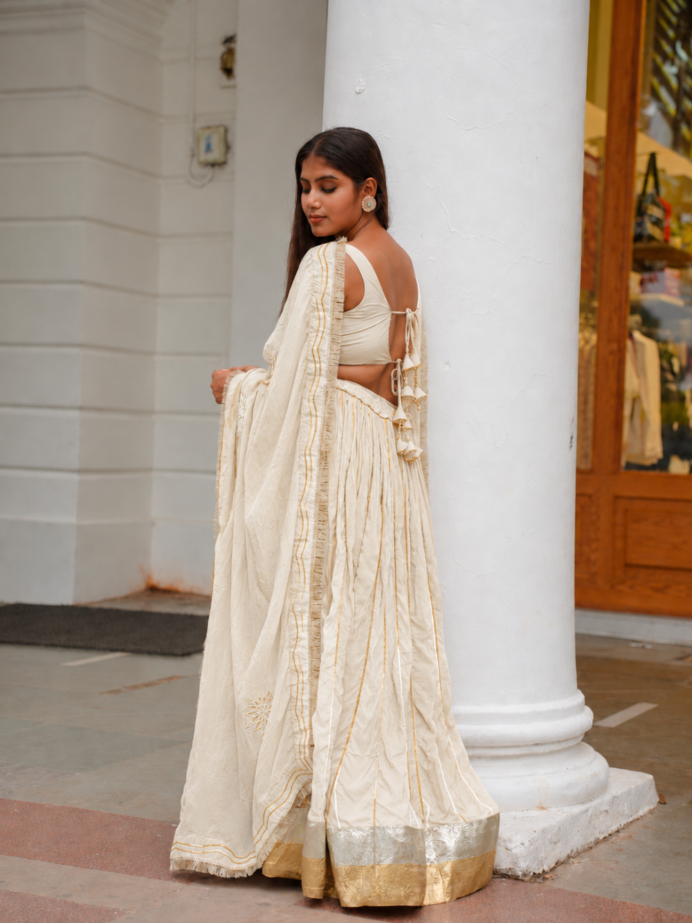Off White Silk Sleeveless Lehenga Set