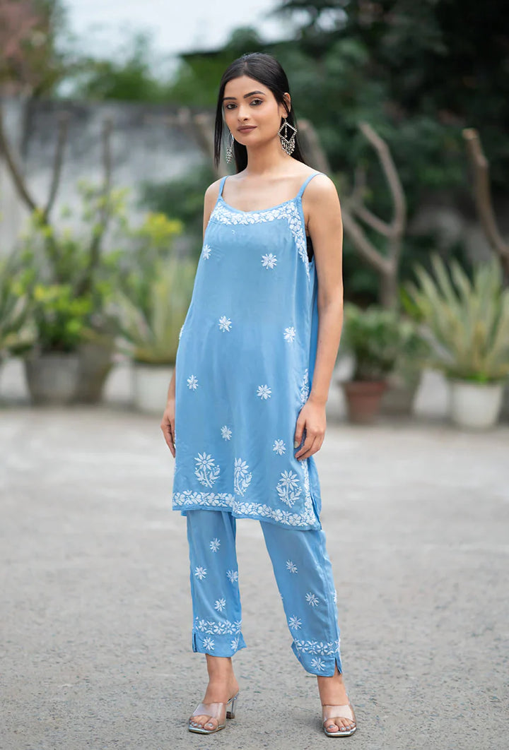 ZERESOUQ-Noodle-Blue-Modal-Strap-Sleeves-2-Piece-Kurta-Set