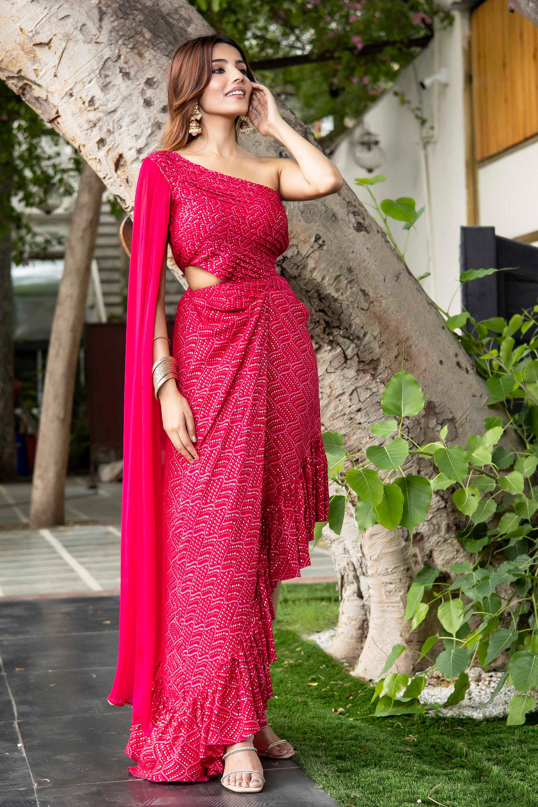 Nyssa-Pink-Rayon-Bandhani-Midi-Dress