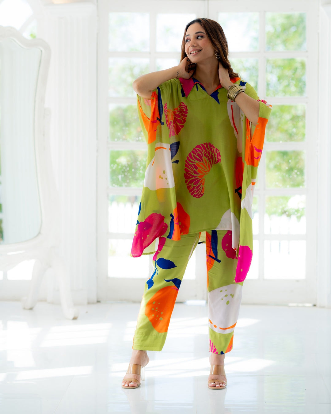 Paroot-Green-Rayon-Kaftan-Co-Ord-Set