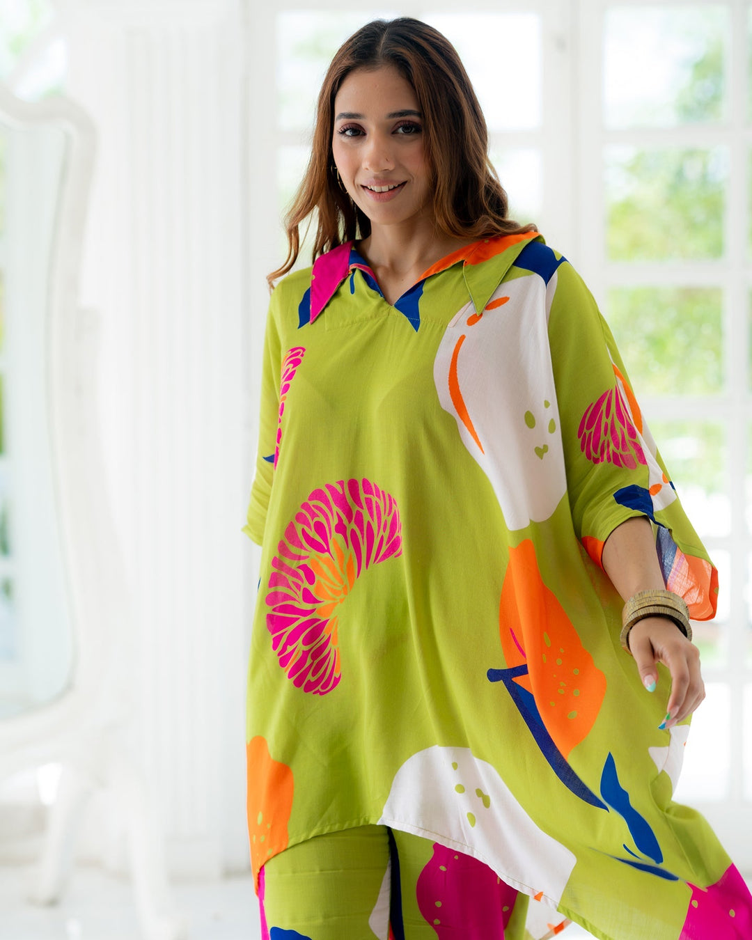 Paroot-Green-Rayon-Kaftan-Co-Ord-Set