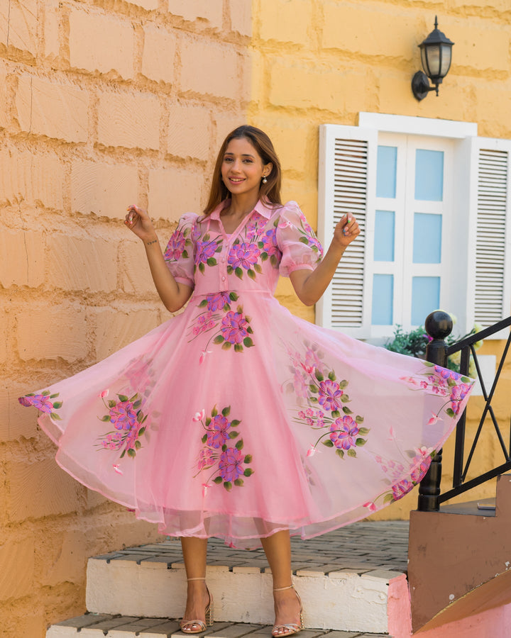 Pink-Organza-Hand-Painted-Shirt-Maxi-Dress