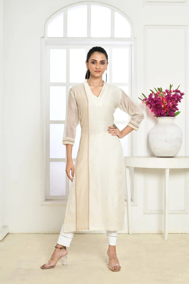Off-White Chanderi Silk Kurta with Right Stripe