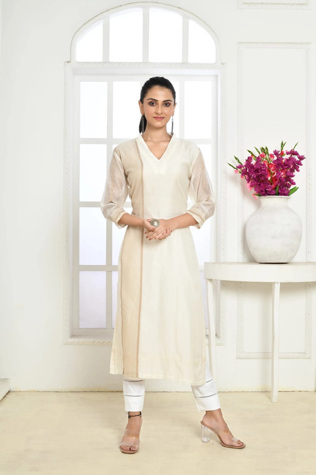 Off-White Chanderi Silk Kurta with Right Stripe