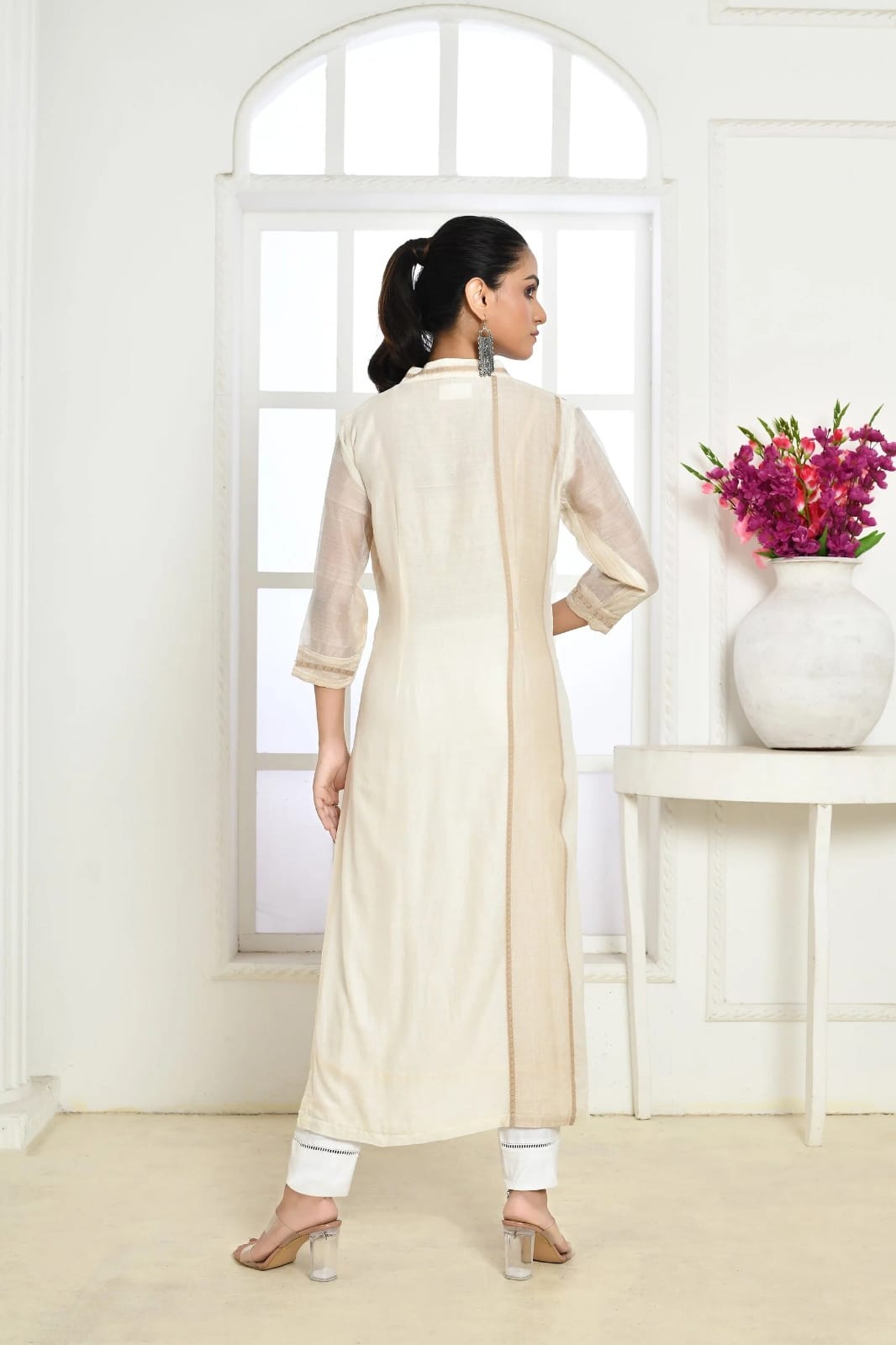 Off-White Chanderi Silk Kurta with Right Stripe