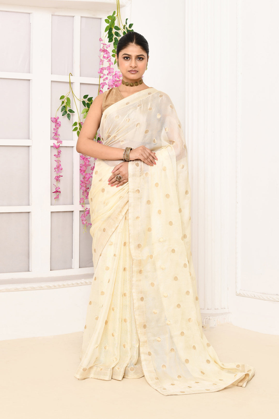 ZERESOUQ-Off-White-Chiffon-Tissue-Saree-With-Golden-Polka-Dots