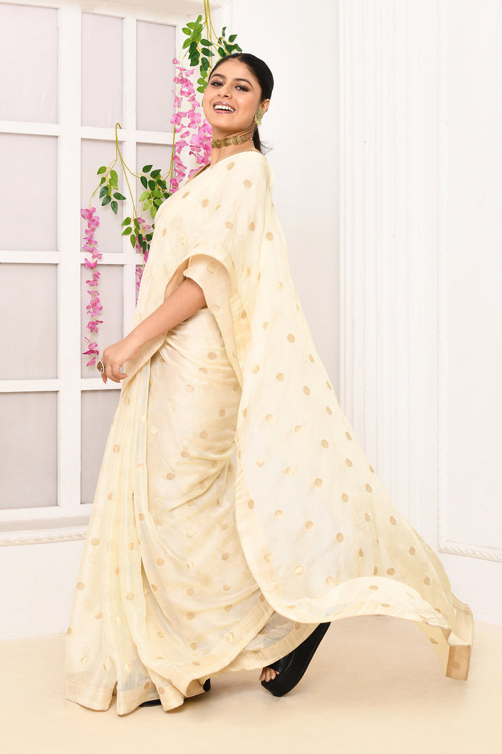 Off-White-Chiffon-Tissue-Saree-With-Golden-Polka-Dots