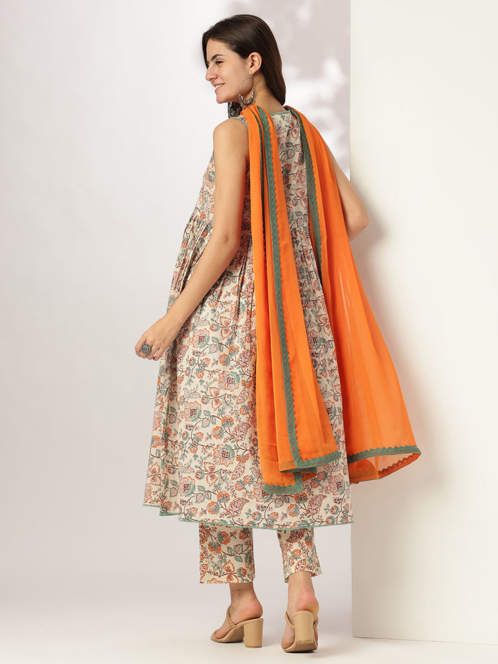Off-White-Cotton-A-Line-Floral-Printed-3-Piece-Kurta-Set