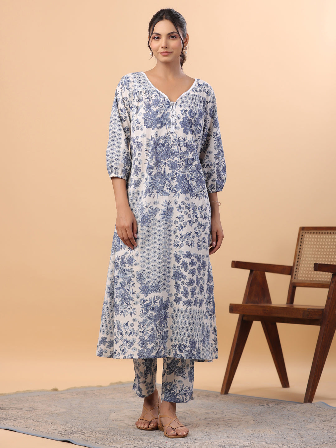 ZERESOUQ-Off-White-Cotton-Tropical-2-Piece-Kurta-Set