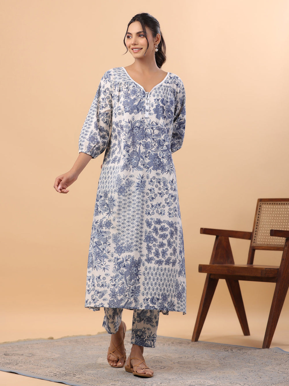 ZERESOUQ-Off-White-Cotton-Tropical-2-Piece-Kurta-Set