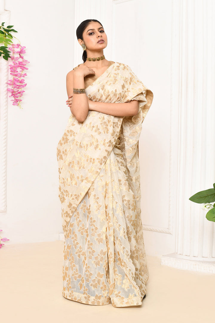 Off-White-Jute-Upada-Golden-Leaf-Pattern-Saree