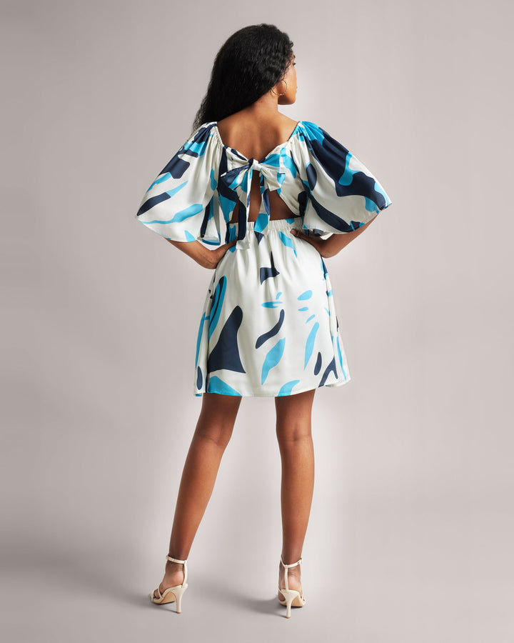 Off-White Satin Abstract Print Mini Dress with Elastic Waist